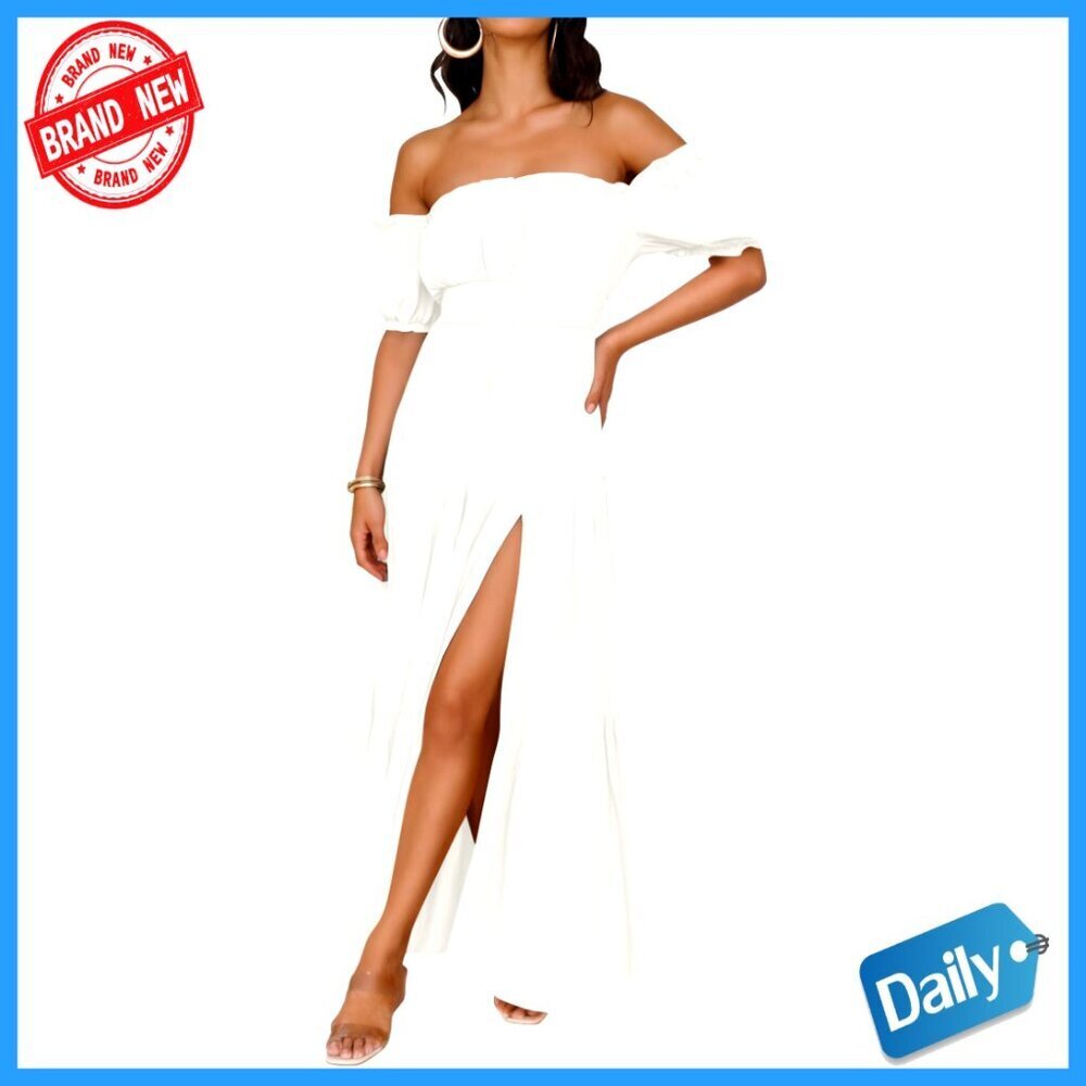 Women's Off Shoulder Maxi Dress with Pockets, Smocked Side, Tiered A-Line